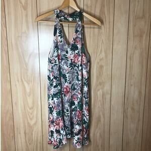 Peach Love California Boho Y2K Floral Choker Style Halter Shift Mini Dress M